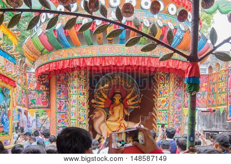 KOLKATA INDIA - OCTOBER 21 2015 : Beautiful interior of decorated Durga Puja pandal at Kolkata West Bengal India. Durga Puja is biggest religious festival of Hinduism.