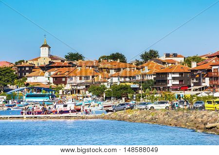 Nesebar, Bulgaria - July 25, 2016: Port, cruise boats and old town view in Nessebar in Bulgaria