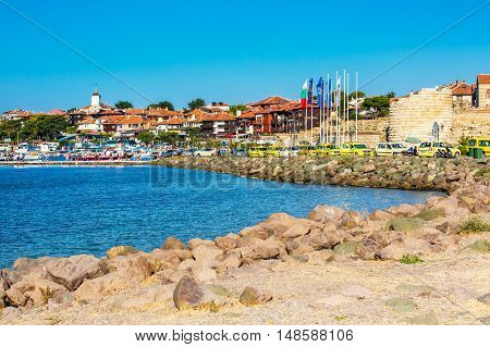 Nessebar, Bulgaria - July 25, 2016: Port, cruise boats and old town view in Nesebar in Bulgaria