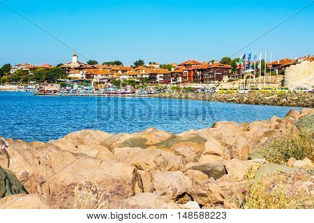 Nessebar, Bulgaria - July 25, 2016: Port, cruise boats and old town view in Nesebar in Bulgaria