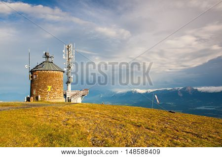 Beautiful view on the Slovenia mountains Gerlitzen Alps Austria.Communications station.