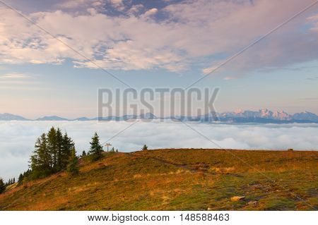 Amazing morning in Gerlitzen Apls in Austria.Inverse weather and view of the mountains in Slovenia.