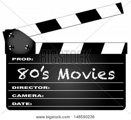 A typical movie clapperboard with the legend 80's Movies isolated on white.