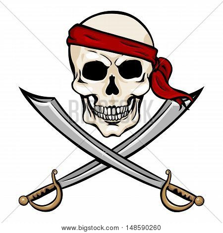 Vector Cartoon Pirate Skull In Red Headband With Cross Swords