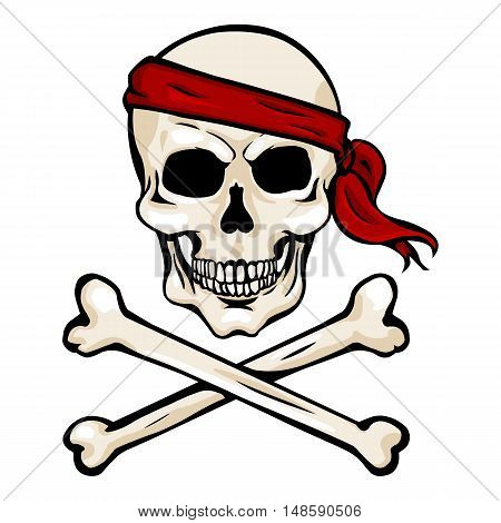 Vector Cartoon Pirate Skull In Red Headband With Cross Bones