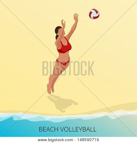 Isometric Volleyball player on a beach jumping hits the ball. Fitness or training concept. Sporting Championship International Beach Volley Match Competition