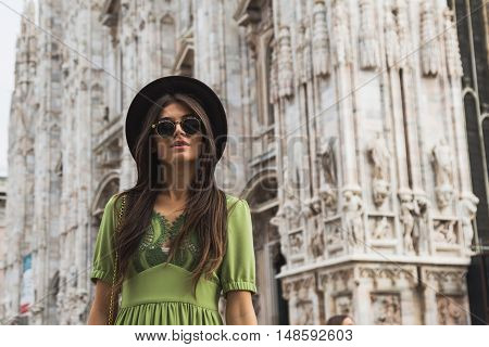 Fashionable Woman Posing During Milan Fashion Week