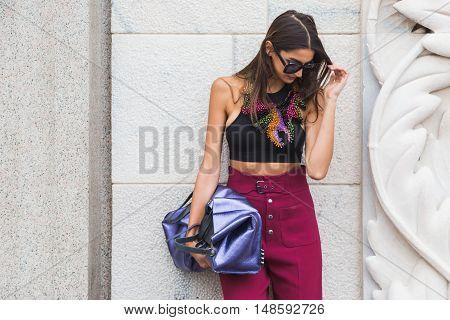 Fashionable Woman Posing During Milan Fashion Week