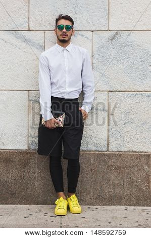 Fashionable Man Posing During Milan Fashion Week