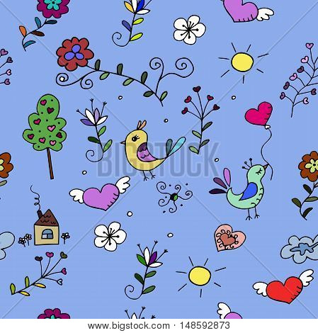 Seamless  pattern with hearts, birds and flowers for fabrick or babyroom