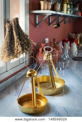 Traditional Greek coffee trays on marble table