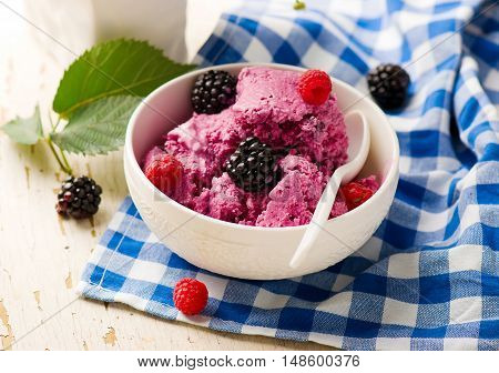 the frozen berries yogurt. style vintage. selective focus