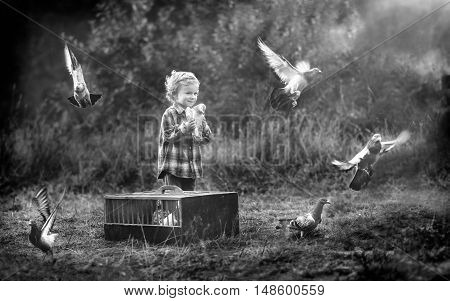 Little Pigeon Fancier. Boy Playing With Flying Pigeons.