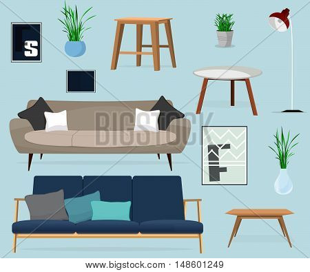 Furniture. Set of tables and sofas. Home Accessoires for