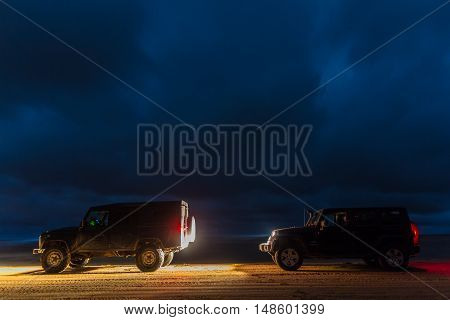 Lake Ladoga, Leningrad Oblast, Russia, September 19, 2016 on a jeep expedition around Lake Ladoga, the Jeep Wrangler is a compact four wheel drive off road and sport utility vehicle