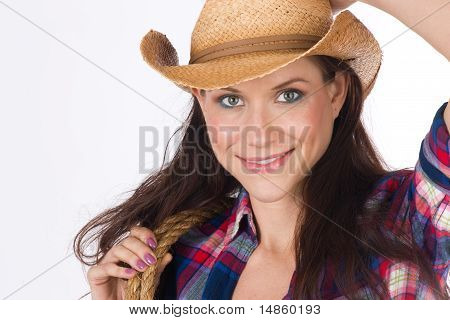 Hat Tip From Attractive Cowgirl Woman with Rope