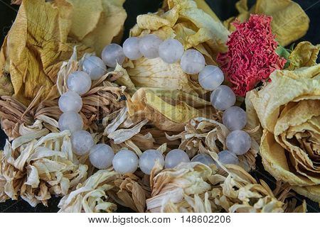 agate bracelet lying on a yellow rose