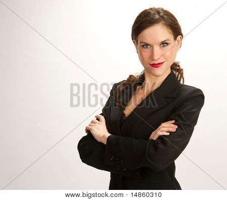 Focused Business Woman Looks Serious Business Suit Against White Background