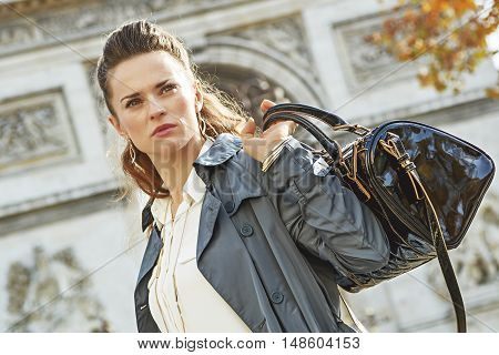 Trendy Woman In Paris, France Looking Into Distance
