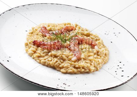 Fish Dish Raw red prawns on risotto Carnaroli
