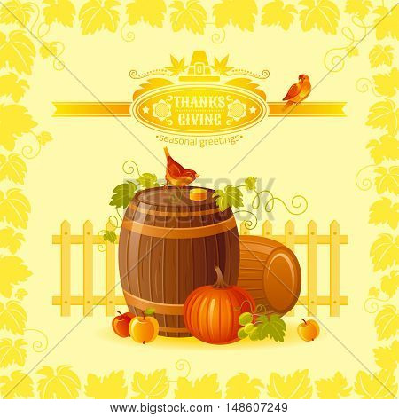 Thanksgiving vector illustration of beautiful autumn still life on sunny background with modern elegant text lettering, copy space. Countryside fall farm symbol - wine cask, cider apple, pumpkin