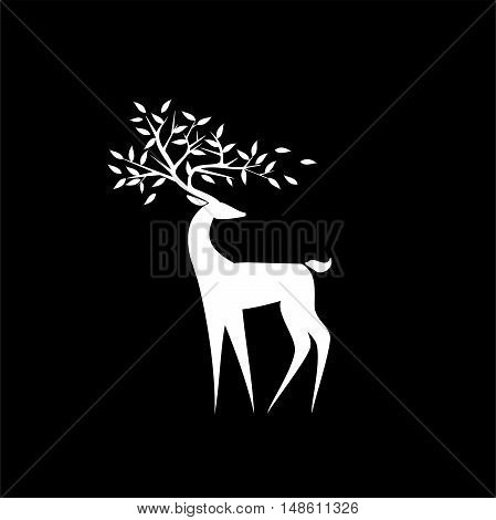 Logo white  deer on a black background with the leaves on the horns