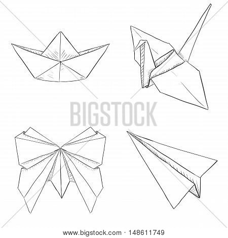 Vector Set of Origami Objects: Plane Boat Butterfly Crane on White Background