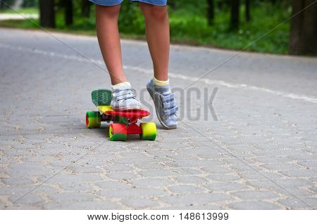 Adorable toddler boy having fun with colorful skateboard outdoors in the park