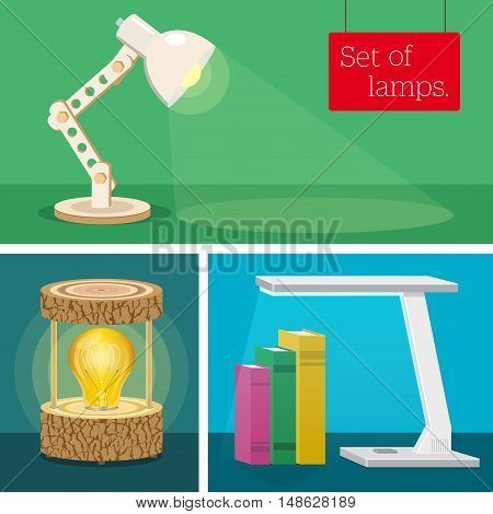 Set of desk lamps. Various author's design. Classical lamp. Excellent design of a wooden desk lamp. Modern hi-tech lamp.