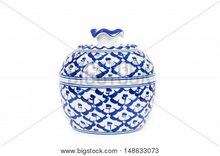 blue ceramic benjarong cup on white background