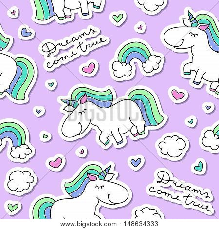 vector seamless pattern with unicorns, rainbows, clouds and hearts, dreams come true lettering