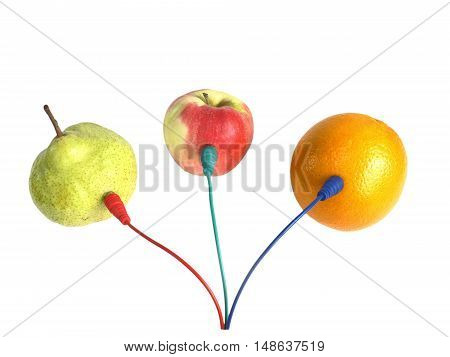 paradox. fruits are connected by cable to exchange information.
isolate on white background without shadows. easy to cut for your project.