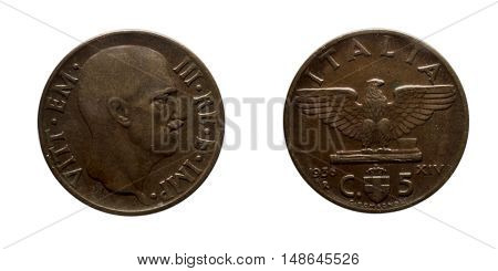 Five 5 cents Lire Copper Coin 1936 Empire Vittorio Emanuele III Kingdom of Italy, Mint of rome, Vittorio Emanuele Head of Front, Fascist Eagle on Back
