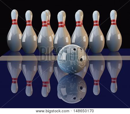 Realistic vector bowling ball and pins with mirror reflection on dark background.