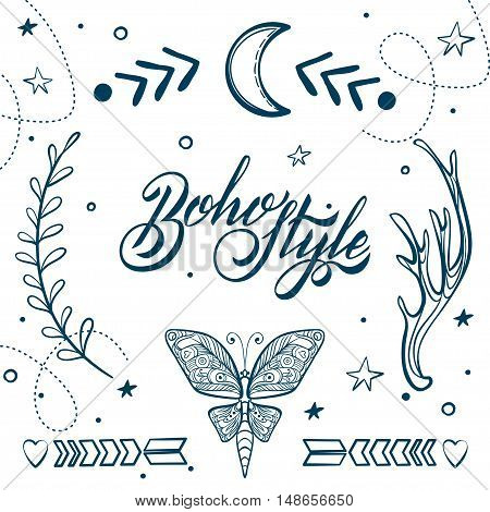 Vector Set of Boho Style Elements. Lettering Calligraphy text. Tattoo template. Trendy hand drawn tribal Gypsy symbol collection.