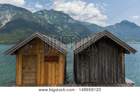 Pertisau Austria - July 11 2015: Two cabins in Pertisau at the Achensee in Austria.