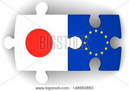 Cooperation between the European Union and Japan. Puzzles with flags of the European Union and Japan on a white surface. The concept of coincidence of interests in geopolitics. Isolated. 3D Illustration