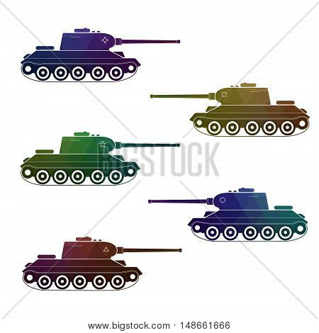 Set of five battle retro multicolor tanks. Modern vector illustration. Camouflage red blue khaki green purple and brown colors.