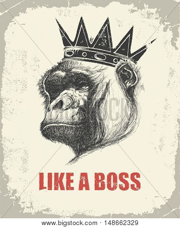 Monkey Face With Like A Boss Inscription Hand drawn Vector illustration.