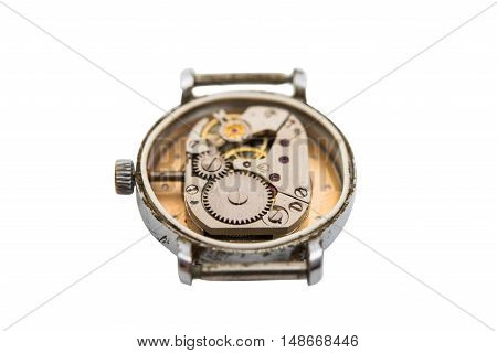 old clock mechanism clockwork on white background
