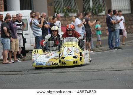 BELGRADE,SERBIA - SEPTEMBER 10, 2016: Oldtimer sidecar motorcycle at the commercial race of old cars in memory of formula 1 race held on the same place in 1939 two days after the beginning of Second World War when the famous Italian driver Tazio Nuvolari 