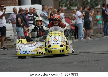 BELGRADE,SERBIA - SEPTEMBER 10, 2016: Oldtimer sidecar motorcycle at the commercial race of old cars in memory of formula 1 race held on the same place in 1939 two days after the beginning of Second World War when the famous Italian driver Tazio Nuvolari 