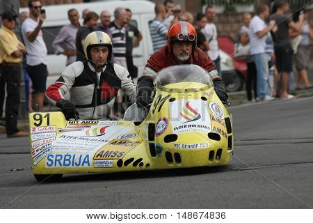 BELGRADE,SERBIA - SEPTEMBER 10, 2016: Oldtimer sidecar motorcycle at the commercial race of old cars in memory of formula 1 race held on the same place in 1939 two days after the beginning of Second World War when the famous Italian driver Tazio Nuvolari 