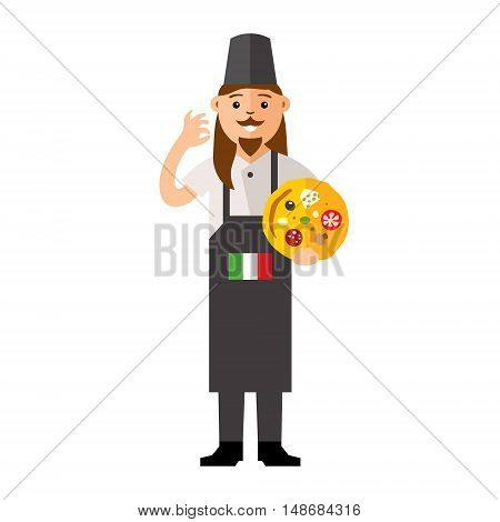 Italian Chef with bake and the green white and red flag. Culture of Italians cuisine. Isolated on a white background