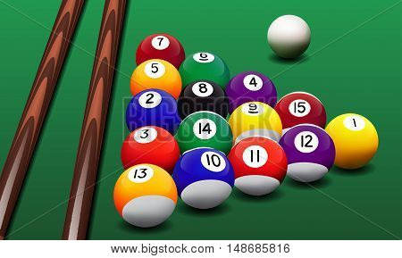 Vector realistic billiard balls and cues on the green table.