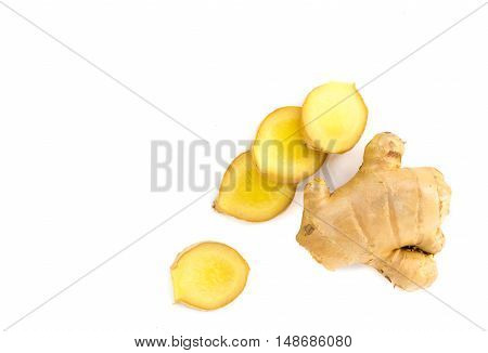Fresh ginger on white background raw material for cooking and beauty care product