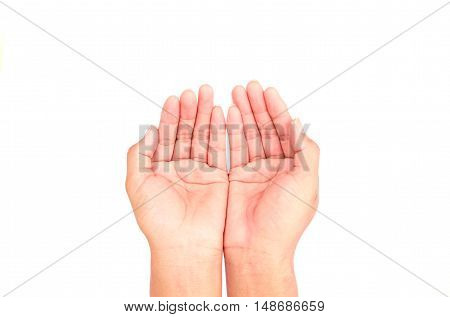 Woman hands praying on white background religion concept
