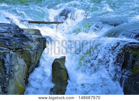 Sunwapta Falls from Sunwapta River in National Park Jasper, Alberta, Canada