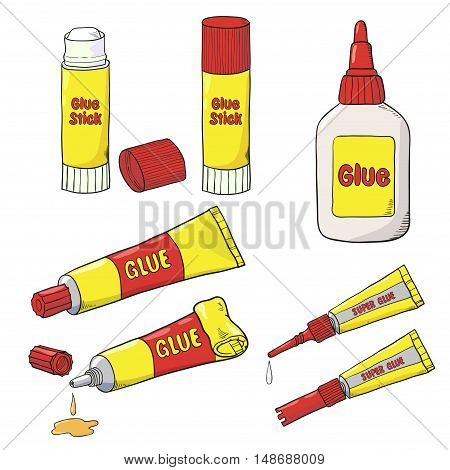 Vector collection of glue tubes, bottle and stick isolated on white. Cartoon Glue set.