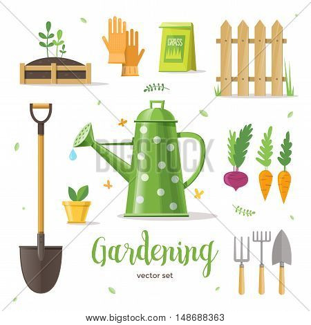 Gardening. Set of objects for the garden. Shovel, gloves, watering can, vegetables, fence, seedlings. Vector illustration EPS 10